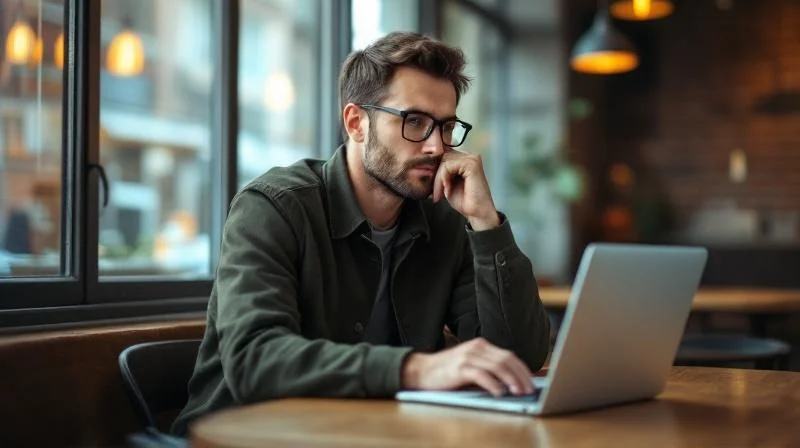 Mann lernt am Laptop in einem Cafe in Bayreuth mit Blick nach draußen